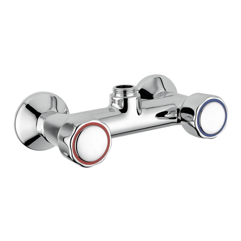 Mezclador de pared con montura  a discos cerámicos y mando con pomos. Salida de 3/4“