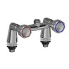 Double hole mixer with brackets for deck mounting. With ceramic disc headvalves and handle control 3/4“ male outlet